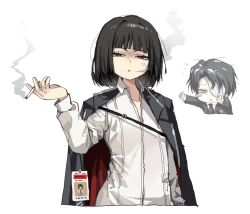  1boy 1girl anger_vein between_fingers black_hair blowing_smoke blush_stickers cigarette coat coat_on_shoulders collared_shirt commentary_request holding id_card korean_commentary limbus_company long_sleeves looking_at_viewer multicolored_hair partially_unbuttoned project_moon red_eyes rien_(project_moon) ryoshu_(project_moon) shirt simple_background single_blush_sticker smoke stephe666q streaked_hair white_background white_shirt 