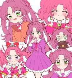  1girl biwako_(biwa27) blush closed_eyes closed_mouth commentary_request crying cure_mystique dress fingerless_gloves glove_bow gloves green_eyes highres impossible_hair kobayashi_mikuru layered_dress layered_gloves long_hair looking_at_viewer magical_girl meitantei_precure! multiple_views pink_dress pink_hair precure purple_hair school_uniform smile solo very_long_hair violet_eyes 