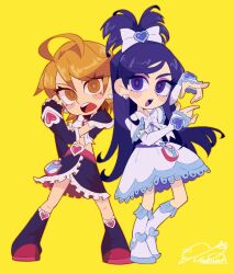  2girls :o ahoge arm_up belt black_gloves black_shirt black_shoes black_skirt blue_trim blush bow bowtie buckle check_clothing clenched_hand clothing_request commentary_request crop_top cure_black cure_black_pose cure_white cure_white_pose double-parted_bangs dress earrings elbow_gloves eyeshadow fingerless_gloves floating_hair frilled_gloves frilled_shirt frilled_skirt frills futari_wa_precure gloves hair_between_eyes hair_bow hair_ornament heart heart-shaped_buckle heart_earrings heart_hair_ornament heart_hands heart_ornament high_ponytail jewelry layered_skirt legs_apart long_hair looking_at_viewer makeup medium_hair midriff mori_no_ji multiple_girls navel object_request open_mouth orange_eyes orange_hair ponytail precure purple_belt purple_eyeshadow purple_hair red_belt shirt shoes short_sleeves signature simple_background skirt spiky_hair swept_bangs teeth upper_teeth_only v-shaped_eyebrows violet_eyes white_bow white_bowtie white_dress white_gloves white_shoes yellow_background 