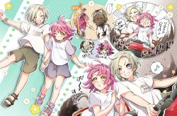  ... 2girls blank_eyes blonde_hair clothes_writing commentary_request grey_shorts grin highres kishimen_hair love_live! love_live!_nijigasaki_high_school_idol_club medium_hair mia_taylor mud multiple_girls multiple_views open-toe_shoes open_mouth pink_hair pink_shoes sandals ship_name shirt shoes short_hair short_sleeves shorts smile sneakers spoken_ellipsis suimi_(shinkai_huyu) tennoji_rina thick_eyebrows toes tongue tongue_out uneven_eyes v-shaped_eyebrows violet_eyes white_shirt yellow_eyes 