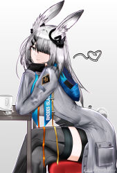  1girl absurdres animal_ears arknights bilibili_watermark black_gloves black_thighhighs bright_pupils buttons chinese_commentary clothes_writing coat commentary_request crossed_legs drink feet_out_of_frame fingerless_gloves frostnova_(arknights) gloves gradient_background grey_background grey_coat grey_eyes grey_hair grey_tail hair_ornament hair_over_one_eye hairclip head_rest heart highres light_smile long_hair long_sleeves looking_at_viewer one_eye_covered parted_lips short_tail sitting solo tail thigh-highs watermark white_pupils xiwang_ni_kaixin_de_suo_suo_zi 