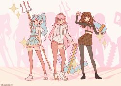  3girls ai_the_somnium_files ai_the_somnium_files:_nirvana_initiative black_boots black_shirt blue_eyes blue_hair blue_shirt blue_skirt bodysuit boots brown_hair brown_skirt charmzero chieda_kizuna closed_mouth crown doi_amame frilled_skirt frills full_body highres holding holding_polearm holding_weapon huntrix jacket kpop_demon_hunters long_hair looking_at_viewer minecraft minecraft_pickaxe multiple_girls pantyhose pickaxe pink_eyes pink_hair pink_pantyhose pink_thighhighs plaid_clothes plaid_skirt polearm sagan_iris shirt shoes short_sleeves single_leg_pantyhose single_thighhigh skirt smile thigh-highs trident twintails weapon white_bodysuit white_boots white_jacket white_shoes 