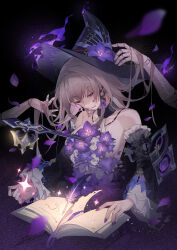  3girls absurdres adapted_costume black_background black_hat book brown_hair chinese_commentary commentary_request detached_sleeves doll_joints dual_persona fingernails fire flower hat hat_flower herta_(honkai:_star_rail) herta_(puppet)_(honkai:_star_rail) herta_(rubert_iii)_(honkai:_star_rail) highres holding_another's_hair honkai:_star_rail honkai_(series) impaled joints key long_fingernails long_hair looking_down multiple_girls nail_polish one_eye_closed open_book out_of_frame parted_lips purple_fire purple_flower purple_nails quill solo_focus the_herta_(honkai:_star_rail) violet_eyes witch_hat xingqiba_(974528265) 