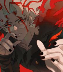  1boy black_jacket black_nails blurry blurry_foreground dandadan furrowed_brow gakuran glass gold_buttons hashtag-only_commentary highres jacket looking_at_viewer male_focus multicolored_hair nail_polish parted_bangs parted_lips red_background red_eyes red_hair round_eyewear school_uniform short_hair solo streaked_hair takakura_ken_(dandadan) takakura_ken_(transformed)_(dandadan) torn_clothes torn_jacket wavy_hair white_hair wolf6481 