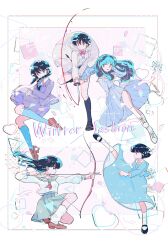  5girls absurdres blue_eyes blue_hair blue_skirt braid commentary_request en_0410 english_text fuurinkan_high_school_uniform heart highres higurashi_kagome holding holding_sword holding_weapon inuyasha kiba_nanoka kicking kyoukai_no_rinne long_hair lum mamiya_sakura mao_(takahashi_rumiko) multiple_girls ranma_1/2 red_eyes sailor school_uniform short_hair skirt sword tendou_akane twin_braids urusei_yatsura weapon 