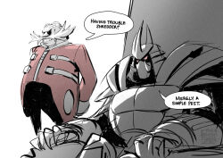  2boys armor bald black_cape blue-tinted_eyewear brown_facial_hair cape commentary crossover dr._eggman english_commentary facial_hair glasses gloves goggles grid_teeth grin helmet highres long_sleeves male_focus mask multiple_boys mustache ninja pauldrons pink_nose red_eyes round_eyewear shoulder_armor shredder_(tmnt) smile sonic_(series) spiked_pauldrons spikes teenage_mutant_ninja_turtles theelvishfiddler tinted_eyewear 