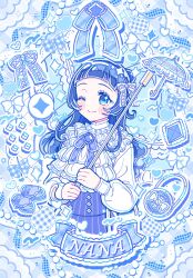  1girl ;) alternate_costume aokaze_nana ascot bag blue_dress blue_eyes blue_ribbon blue_skirt blue_theme blush_stickers brooch character_name commentary diamond_(shape) dress frilled_shirt frills hair_bun handbag high-waist_skirt high_collar highres holding holding_umbrella jewelry keplerlovelive kimi_to_idol_precure lolita_fashion long_hair long_sleeves looking_at_viewer neck_ribbon one_eye_closed precure ribbon shirt shoes single_hair_bun skirt smile solo sparkle spoken_symbol umbrella unworn_shoes white_ascot 