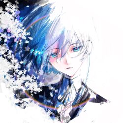  1boy black_jacket blue_eyes blue_hair collared_shirt cropped_shoulders double-parted_bangs flower gekkoukan_high_school_uniform gou_tou21081 hair_between_eyes headphones highres jacket looking_at_viewer male_focus parted_lips persona persona_3 school_uniform shirt short_hair solo suit_jacket white_flower white_shirt wing_collar yuuki_makoto_(persona_3) 