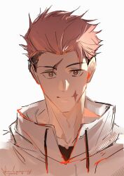  1boy brown_eyes closed_mouth commentary drawstring highres hood hood_down hooded_jacket itadori_yuuji jacket jujutsu_kaisen jujutsu_kaisen_modulo light_smile linlinzhong male_focus pink_hair scar scar_on_face scar_on_forehead short_hair signature simple_background solo undershirt white_background white_jacket 