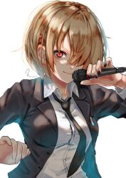  >:) 1girl black_jacket black_nails black_necktie blonde_hair closed_mouth collared_shirt commentary dress_shirt ear_piercing earrings english_commentary eyelashes hair_ornament hair_over_one_eye hairclip hands_up heaven_burns_red highres holding holding_microphone jacket jewelry kayamori_ruka lips long_bangs long_sleeves looking_at_viewer microphone nail_polish necktie noir_(nowaru) official_alternate_costume one_eye_covered open_clothes open_jacket parallel_hairclips piercing red_eyes shirt short_hair signature simple_background smile smug solo upper_body v-shaped_eyebrows white_background white_shirt 