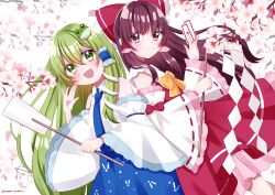  2girls absurdres between_fingers blue_necktie blue_skirt blush bow brown_eyes brown_hair cherry_blossoms closed_mouth commentary detached_sleeves frilled_bow frilled_hair_tubes frilled_sleeves frills frog_hair_ornament gohei green_eyes green_hair hair_bow hair_ornament hair_tubes hakurei_reimu highres holding holding_gohei holding_ofuda kochiya_sanae long_hair looking_at_viewer miko_day multiple_girls necktie ofuda ofuda_between_fingers open_mouth red_bow red_skirt ribbon-trimmed_sleeves ribbon_trim single_hair_tube skirt skirt_set smile snake_hair_ornament tilly_ira_10 touhou twitter_username 