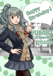  1girl alternate_costume black_jacket black_pantyhose blazer bow bowtie brown_cardigan brown_eyes cardigan character_name commentary_request cowboy_shot dated green_background grey_hair grey_skirt happy_birthday highres jacket kantai_collection long_hair orange_bow orange_bowtie pantyhose plaid_clothes plaid_skirt pleated_skirt ponytail skirt solo sorairo_haruka yuubari_(kancolle) 