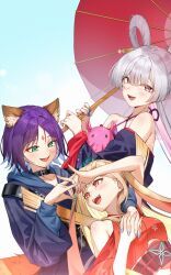  3girls absurdres animal_ear_fluff animal_ears blonde_hair blue_background blue_hair blue_kimono blue_nails breasts brown_eyes cho_kaguya-hime! clothing_cutout colored_inner_hair commentary fang forehead_jewel fox_ears fox_girl fox_shadow_puppet fox_shadow_puppet_kiss fox_tail gradient_background green_eyes hair_rings highres holding holding_hands holding_umbrella interlocked_fingers japanese_clothes kaguya_(cho_kaguya-hime!) kimono long_hair medium_breasts multicolored_hair multiple_girls nail_polish off_shoulder oil-paper_umbrella open_mouth pink_eyes pink_hair pixel_(yuxian) purple_hair rabbit_ears rabbit_girl red_kimono runami_yachiyo sakayori_iroha short_sleeves shoulder_cutout skin_fang tail teeth umbrella upper_teeth_only white_background white_hair yuri 