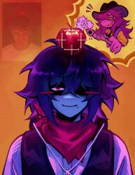  1boy 1girl 1other absurdres androgynous antenna_hair apple apple_on_head bandana black_eyes black_hair black_hat blush_stickers closed_mouth colored_sclera colored_skin commentary cowboy_hat crosshair deltarune english_text food fruit glasses green-framed_eyewear gun hair_over_one_eye hat highres holding holding_gun holding_weapon kris_(dark_world)_(deltarune) kris_(deltarune) kris_(shootout)_(deltarune) long_hair long_sleeves looking_at_viewer mihych mole mole_under_eye photo-referenced purple_hair purple_skin ralsei red_bandana red_eyes reference_inset round_eyewear short_hair smile susie_(dark_world)_(deltarune) susie_(deltarune) susie_(shootout)_(deltarune) utdr_(toby_fox) weapon yellow_sclera 
