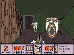  >:( 1boy angel_(the_amazing_digital_circus) angry barrel brick_wall commentary doom_(series) doom_ii doorway double-barreled_shotgun english_commentary gameplay_mechanics gloves gun hallway headless heads-up_display kinger_(the_amazing_digital_circus) pan-perkozeq parody pov red_eyes scene_reference severed_head shotgun the_amazing_digital_circus user_interface v-shaped_eyebrows weapon white_gloves wine_cellar 