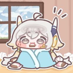  1girl ahoge blanket chibi chibi_only commentary_request eating food_in_mouth food_request full_body grey_hair hair_between_eyes indoors korean_commentary low_twintails monyami outline renewa_(trickcal) robot_ears solo trickcal twintails white_outline window 