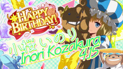  1girl 1other bad_id balloon bilingual_text blonde_hair blue_dress blue_eyes blue_hat blue_shoes bow character_name closed_mouth closed_umbrella confetti dress english_text flower game_cg grin happy_birthday hat heart_balloon holding holding_stuffed_toy holding_umbrella idol_wars kozakura_inori looking_at_viewer mika-chan_(idol_wars) mixed-language_text official_art orange_flower orange_rose plaid_background puffy_short_sleeves puffy_sleeves rose second-party_source shirt shoes short_sleeves smile star_(symbol) string_of_flags striped_clothes striped_dress stuffed_animal stuffed_toy teddy_bear umbrella unworn_bow unworn_shoes upper_body vertical-striped_clothes vertical-striped_dress vertical-striped_hat white_dress white_hat white_shirt yellow_bow yellow_umbrella 