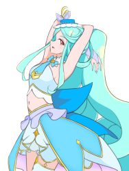  1girl absurdres aqua_bow aqua_bowtie aqua_hair aqua_skirt arms_behind_head back_bow blue_bow blue_hat boater_hat bow bowtie brooch butterfly_hat_ornament commentary cure_eclair frilled_skirt frills from_side full_body hat hat_ornament heart heart_brooch highres jewelry large_bow layered_skirt long_hair looking_at_viewer magical_girl meitantei_precure! midriff miniskirt navel open_mouth pink_eyes precure shirt showgirl_skirt simple_background single_thighhigh skirt skyset sleeveless sleeveless_shirt smile solo standing thigh-highs tilted_headwear very_long_hair white_background white_shirt white_skirt white_thighhighs 