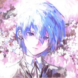  1boy black_jacket black_ribbon blue_eyes blue_hair cherry_blossoms closed_mouth collared_shirt commentary double-parted_bangs flower gekkoukan_high_school_uniform gou_tou21081 hair_between_eyes headphones jacket male_focus neck_ribbon persona persona_3 pink_flower ribbon school_uniform shirt solo suit_jacket untranslatable_commentary upper_body white_shirt wing_collar yuuki_makoto_(persona_3) 