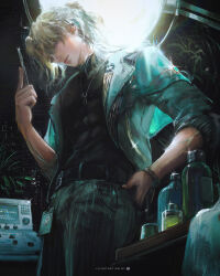  1boy absurdres alternate_costume artist_name black_shirt blonde_hair bottle closed_mouth commentary english_commentary english_text highres holding holding_scalpel id_card indoors jacket jewelry long_hair looking_at_viewer luuk_herssen_(wuthering_waves) male_focus necklace red_eyes scalpel shirt solo toned toned_male ui_uiiiiiiiii white_jacket wuthering_waves 