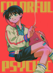  1boy absurdres antique_phone bandaid bandaid_on_knee bandaid_on_leg black_hair black_shorts blue_eyes blue_shirt cigarette collared_shirt commentary_request highres holding holding_cigarette jacket menma_(enaic31) open_clothes open_jacket original parted_lips phone red_background rotary_phone shirt short_hair shorts simple_background smoking socks solo white_jacket white_socks 