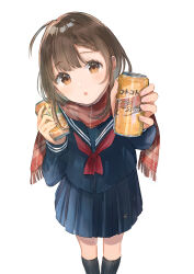  1girl :o absurdres ahoge black_socks blue_sailor_collar blue_serafuku blue_shirt blue_skirt blush braid braided_bangs brown_eyes brown_hair can commentary_request drink drink_can giving highres holding holding_can kneehighs long_sleeves looking_at_viewer medium_hair mochitsuki_usa neckerchief open_mouth original plaid_clothes plaid_scarf pleated_skirt red_neckerchief red_scarf sailor_collar scarf school_uniform serafuku shirt sidelocks simple_background skirt socks solo standing white_background 