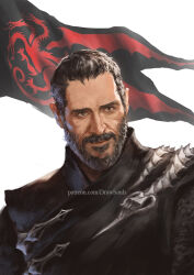  1boy a_knight_of_the_seven_kingdoms a_song_of_ice_and_fire artist_name baelor_targaryen beard black_hair brown_eyes commentary connected_beard draw_souls english_commentary facial_hair male_focus mature_male patreon_username portrait short_hair smile solo web_address white_background 
