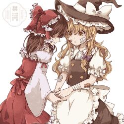 2girls apron back_bow bandaged_fingers bandaged_wrist bandages bandaid bandaid_on_face black_hat black_skirt black_vest blonde_hair bow braid brown_hair collared_shirt commentary_request detached_sleeves frilled_bow frilled_hair_tubes frilled_shirt_collar frills hair_bow hair_tubes hakurei_reimu hat hat_bow highres himomaru kirisame_marisa long_hair multiple_girls puffy_short_sleeves puffy_sleeves purple_bow red_bow red_skirt ribbon-trimmed_sleeves ribbon_trim shirt short_sleeves side_braid single_braid skirt skirt_set touhou vest waist_apron watermark white_apron white_bow white_shirt witch_hat yellow_eyes 
