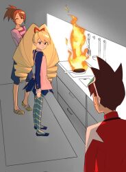  1boy 2girls apron black_eyes blonde_hair blue_dress blue_shoes brown_hair chocolate_making_disaster_(meme) closed_eyes closed_mouth dress drill_hair fire frying_pan geo_stelar_(mega_man) green_shoes hair_between_eyes highres hope_stelar_(mega_man) kitchen ladle long_hair long_sleeves looking_at_another luna_platz_(mega_man) mega_man_(series) mega_man_star_force_(series) meme mika_(mika_tan002) multiple_girls pantyhose ponytail purple_shirt red_shirt shirt shoes spatula stove striped_clothes striped_pantyhose twin_drills twintails very_long_hair white_apron 