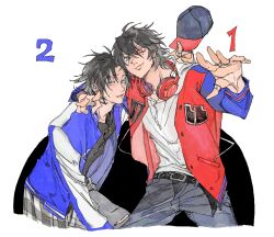  2boys adam's_apple ahoge arm_around_neck bad_id bad_twitter_id baseball_cap belt belt_buckle black_belt black_hair black_shirt blue_hat blue_jacket blue_pants bright_pupils brothers buckle choppy_bangs clothes_around_waist collarbone commentary_request cropped_legs curtained_hair denim fingernails furrowed_brow gingham_shirt green_eyes grey_pants hair_between_eyes hat hatching_(texture) headphones headphones_around_neck heads_together heterochromia holding holding_unworn_clothes holding_unworn_hat hood hood_down hoodie hypnosis_mic jacket jacket_over_hoodie jeans jewelry leaning_forward legs_apart letterman_jacket linear_hatching long_belt long_sleeves looking_at_viewer male_focus mole mole_under_eye multicolored_jacket multiple_boys multiple_rings n_uu_nn open_clothes open_jacket open_mouth outstretched_arm pants parted_bangs raised_inner_eyebrows red_eyes red_hat red_jacket ring shirt shirt_around_waist short_hair siblings side-by-side sideways_glance silver_ring simple_background smile sukajan thumb_ring torn_clothes torn_pants two-tone_hat two-tone_jacket unworn_hat unworn_headwear v v-shaped_eyebrows white_background white_hoodie white_pupils yamada_ichiro yamada_jiro yellow_eyes zipper zipper_pull_tab 