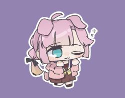  1girl ;3 ahoge animal_ears anyoji_hime black_ribbon blonde_hair blue_eyes blush brown_dress chibi chibi_only commentary dog_ears dog_girl dog_tail dress gradient_hair hair_ribbon hasu_no_sora_school_uniform hood hooded_jacket jacket kemonomimi_mode link!_like!_love_live! long_sleeves love_live! mihasu_ll multi-tied_hair multicolored_hair neckerchief one_eye_closed open_clothes open_jacket outline paw_pose pink_hair pink_jacket pleated_dress ponytail purple_background ribbon sailor_collar sailor_dress school_uniform sidelocks simple_background solo squeans tail untranslatable_commentary virtual_youtuber white_outline white_sailor_collar winter_uniform yellow_neckerchief 