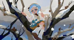  1girl blue_eyes blue_hair brown_hat buttons cobii_illu commentary commission eyelashes hair_ornament hairclip hat highres leg_warmers looking_to_the_side octoling octoling_girl octoling_player_character open_mouth outdoors sitting_on_branch skirt smile snow solo splatoon_(series) tentacle_hair thank_you untranslatable_commentary winter 
