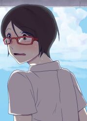 1boy aoyama_(szs) black_hair blue_background blush clouds commentary_request from_behind glasses looking_to_the_side meiko_kashiwazaki open_mouth outdoors red-framed_eyewear sayonara_zetsubou_sensei shade shirt sky solo surprised sweat turning_head white_shirt 