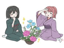  2girls =_= black_hair blue_flower blush blush_stickers bob_cut closed_eyes closed_mouth commentary_request flower full_body green_kimono ikebana japanese_clothes keitaro_tension kimono long_sleeves love_live! love_live!_nijigasaki_high_school_idol_club love_live!_school_idol_festival_2 medium_hair mifune_shioriko multiple_girls open_mouth pink_flower purple_kimono seiza simple_background sitting smile socks sparkle sweatdrop uehara_ayumu white_background white_socks yokozuwari yukata 