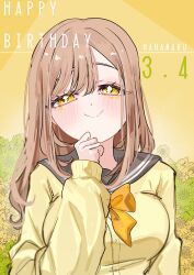  1girl absurdres blush bow bowtie breasts brown_hair cardigan character_name closed_mouth commentary_request dated floral_background grey_sailor_collar hand_on_own_chin happy_birthday highres jin_(oihlf) kunikida_hanamaru large_breasts long_hair looking_at_viewer love_live! love_live!_sunshine!! orange_bow orange_bowtie sailor_collar school_uniform serafuku smile solo upper_body uranohoshi_school_uniform winter_uniform yellow_background yellow_cardigan yellow_eyes 