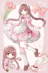  1girl :o apron argyle_background back_bow bow bowtie braid brown_hair brown_shoes butterfly_earrings center_frills chibi chibi_inset collared_dress commentary_request commission cup cupcake dot_nose dress dress_bow earrings flower food frilled_apron frilled_bow frilled_socks frills full_body hair_bow hair_ornament heart heart_hair_ornament highres holding holding_cup indie_virtual_youtuber jewelry juliet_sleeves kneehighs knees_together_feet_apart leg_up loafers long_sleeves maid_headdress miminami_ruby open_mouth petticoat pink_background pink_bow pink_bowtie pink_dress pink_eyes pink_flower pink_ribbon pink_tulip plaid_bow pouring puffy_sleeves ribbon ribbon_legwear saucer shoes skeb_commission skirt_hold smile socks solo tea teacup teapot tententuyu tulip twin_braids virtual_youtuber watermark white_apron white_bow white_socks 