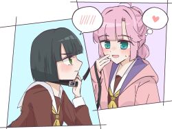  2girls ahoge anyoji_hime black_hair blue_eyes blunt_bangs blunt_ends blush bob_cut brown_dress closed_mouth clothes_grab collar_grab dress green_eyes hasu_no_sora_school_uniform highres holding holding_leash hood hooded_jacket jacket leash link!_like!_love_live! long_hair long_sleeves looking_at_another love_live! mihasu_ll momose_ginko multi-tied_hair multiple_girls neckerchief neckwear_grab open_clothes open_jacket open_mouth pink_hair pink_jacket ponytail profile sailor_collar sailor_dress school_uniform short_hair sidelocks sweatdrop virtual_youtuber white_sailor_collar winter_uniform yellow_neckerchief yuri 