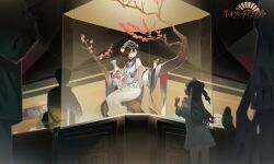  1boy 2girls 3others black_hair brown_eyes commentary_request copyright_request dress flower hair_between_eyes highres indoors kuronoiparoma long_hair long_sleeves multiple_girls multiple_others pink_flower smile tiara tree two_side_up very_long_hair white_dress wide_sleeves 