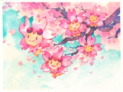  blue_sky border cherrim cherrim_(sunshine) cherry_blossoms day looking_at_viewer no_humans open_mouth outdoors outside_border painting_(medium) pokemon pokemon_(creature) sky traditional_media watercolor_(medium) white_border yi-wen_leow 