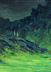  2others acid commentary english_commentary green_liquid green_theme hill lake landscape multiple_others night original outdoors painterly scenery science_fiction shore sky spacesuit star_(sky) starry_sky sylvain_sarrailh valley 