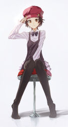  1girl absurdres adjusting_clothes adjusting_headwear between_legs black_bow black_bowtie black_thighhighs bow bowtie breasts brown_eyes brown_hair brown_romper buttons closed_mouth cokei commentary double-breasted frilled_skirt frills full_body half-skirt hand_between_legs hand_on_lap hat highres knees_together_feet_apart layered_clothes light_smile long_sleeves looking_at_viewer monogatari_(series) nademonogatari newsboy_cap no_shoes on_stool peaked_cap pink_skirt red_hat romper sengoku_nadeko sengoku_nadeko_(mangaka) shadow shirt short_hair simple_background sitting skirt small_breasts smile solo stool straight-on thigh-highs white_background white_shirt 