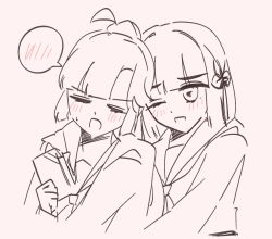  2girls ;d ahoge anyoji_hime blush greyscale highres hood hooded_jacket jacket link!_like!_love_live! long_sleeves love_live! mihasu_ll momose_ginko monochrome multi-tied_hair multiple_girls one_eye_closed open_clothes open_jacket open_mouth ponytail sidelocks simple_background smile split_mouth spoken_blush sweatdrop upper_body virtual_youtuber white_background yuri 