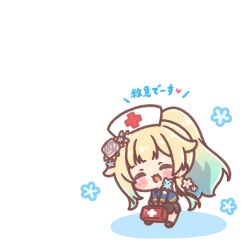  1girl :d ^_^ aizawa_ema black_shoes black_skirt blonde_hair blue_hair blue_jacket blush_stickers chibi closed_eyes commentary_request first_aid_kit flower gradient_hair hair_flaps hair_flower hair_ornament hat highres jacket long_hair long_sleeves mitarashi_neko multicolored_hair nurse_cap ponytail rose shoes simple_background skirt smile solo translation_request very_long_hair virtual_youtuber vspo! white_background white_flower white_hat white_rose 