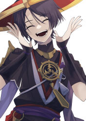  1boy absurdres armor black_bodysuit black_kimono black_sleeves blunt_ends bodysuit choppy_bangs closed_eyes eyelashes facing_viewer furisode genshin_impact gold grey_hair hands_up hat highres iwoarazumi129 japanese_armor japanese_clothes jewelry jingasa juban kimono kote kurokote layered_sleeves male_focus mandarin_collar mitsudomoe_(shape) neck_ring o-ring open_clothes open_hands open_kimono open_mouth purple_rope purple_sash purple_sleeves red_hat red_kimono red_sash rope sash scaramouche_(genshin_impact) shimenawa short_sleeves single_sode solo tassel teeth tilted_headwear tomoe_(symbol) tongue upper_body white_background white_kimono white_rope 