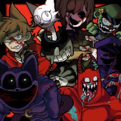  1other 6+boys 9aaaalt29 :d antenna_hair banban_(garten_of_banban) bear_boy bendy bendy_and_the_ink_machine black_border black_mouth black_sclera blank_eyes blood blood_on_face blood_on_hands border brown_hair cat_boy catnap_(poppy_playtime) chara_(undertale) character_request clenched_hand collarbone colored_sclera colored_skin commentary copyright_request crossover demon drawstring eddsworld english_commentary fewer_digits five_nights_at_freddy's flipped_hair flippy_(happy_tree_friends) furry furry_male garten_of_banban gloves green_hat green_shirt green_skin grid_background grin gun hair_behind_ear hair_between_eyes hair_ears handgun happy_tree_friends hat heart highres holding holding_gun holding_weapon hollow_eyes hood hood_down hoodie horns ink liquid_from_eyes long_sleeves looking_at_viewer multiple_boys multiple_crossover official_alternate_eye_color open_mouth outline outside_border pixel_art poppy_playtime puffy_long_sleeves puffy_sleeves purple_skin rayman_limbs red_background red_hoodie red_skin redrawn sharp_teeth shirt short_hair simple_background smile striped_clothes striped_shirt teeth tongue tongue_out tord_(eddsworld) trait_connection two-tone_shirt undertale upper_body upper_teeth_only utdr_(toby_fox) very_short_hair weapon white_eyes white_gloves white_outline william_afton yellow_eyes yellow_shirt 