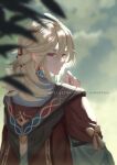  1boy blonde_hair closed_mouth earrings facing_to_the_side feather_hair_ornament feathers genshin_impact hair_ornament hanapen highres jacket jewelry kaveh_(genshin_impact) leaf long_sleeves looking_at_viewer looking_back male_focus medium_hair red_eyes red_jacket solo 