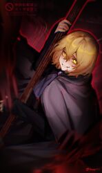  1boy absurdres ascot black_cape black_sleeves blonde_hair brooch cape commentary crazy_eyes crazy_grin e.g.o_(project_moon) from_side hair_between_eyes harmony_(e.g.o) haroo950 highres holding holding_instrument instrument jewelry light_blush limbus_company long_sleeves looking_at_viewer male_focus outline project_moon purple_ascot red_background short_hair sinclair_(project_moon) solo teeth twitter_username untranslatable_commentary watermark white_outline yellow_eyes 