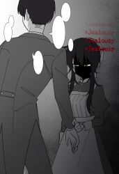  1boy 1girl absurdres black_hair commentary degrees_of_lewdity english_commentary english_text fazernuo54188 gameplay_mechanics gloves green_eyes height_difference hetero highres jealous juliet_sleeves kylar_(degrees_of_lewdity) kylar_(female)_(degrees_of_lewdity) limited_palette long_sleeves maid player_character_(degrees_of_lewdity) player_character_(male)_(degrees_of_lewdity) puffy_sleeves red_pupils shaded_face short_hair_with_long_locks speech_bubble suit 