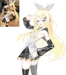  1girl :d absurdres aged_up arm_tattoo black_sailor_collar black_skirt black_sleeves black_thighhighs blonde_hair blue_eyes blush bow breasts chungjum2 commentary cowboy_shot detached_sleeves from_side hair_between_eyes hair_bow hair_ornament hairclip hand_on_own_hip hand_up headphones headset highres kagamine_rin kagamine_rin_(future_style) korean_commentary long_hair long_sleeves looking_at_viewer microphone miniskirt necktie number_tattoo open_mouth parallel_hairclips photo_inset pleated_skirt reference_inset sailor_collar shirt sidelocks simple_background skirt sleeveless sleeveless_shirt small_breasts smile solo standing tattoo thigh-highs turning_head untucked_shirt very_long_hair vocaloid w white_background white_bow white_shirt yellow_nails yellow_necktie yellow_trim zettai_ryouiki 