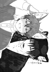  2boys animal_ears black_hair black_kimono blush collarbone colored_tips commentary_request ear_piercing earrings embarrassed fang fox_ears fushiguro_touji greyscale hair_between_eyes highres japanese_clothes jewelry jujutsu_kaisen kimono long_sleeves looking_at_another looking_at_viewer male_focus monochrome multicolored_hair multiple_boys multiple_piercings open_mouth piercing poccoshi scar scar_on_face scar_on_lip scar_on_mouth shirt shirt_under_kimono short_hair simple_background skin_fang sweat sweatdrop two-tone_hair white_background wolf_ears zen'in_naoya 